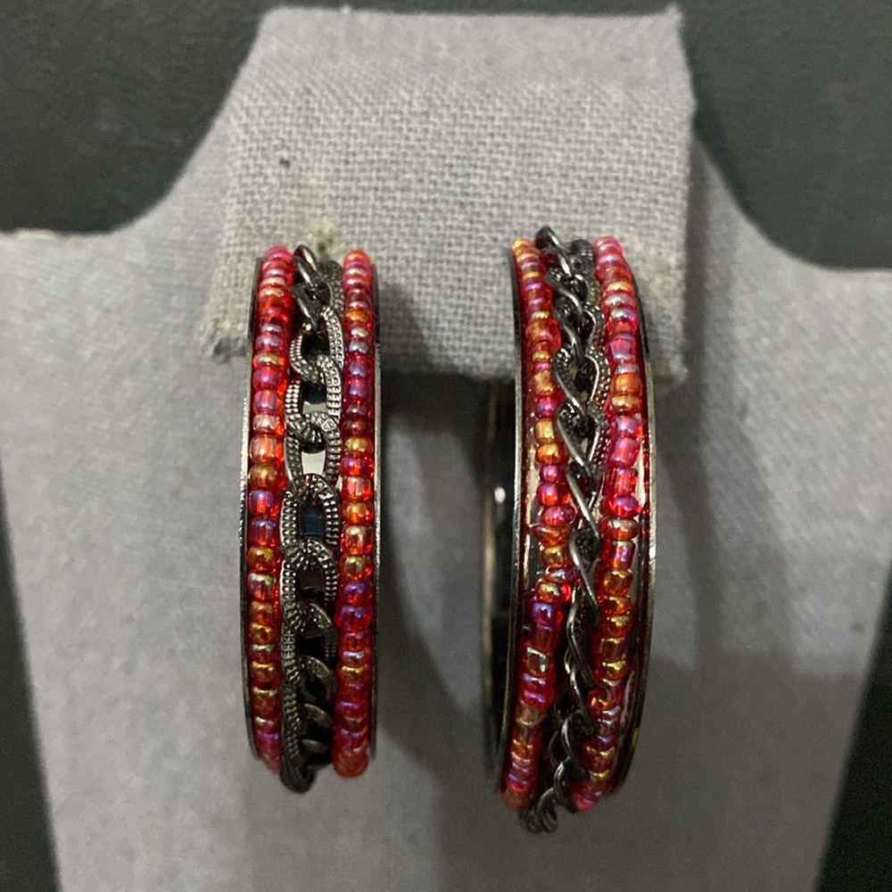 Black Metal Hoop pierced Earrings with attached Red beads & chain